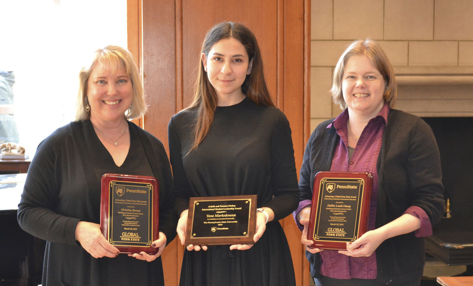 Debbie Lamb Ousey, Christine Brown and Yana Markedonova of Penn State Brandywine received the University’s Outstanding Leadership in International Education award.  