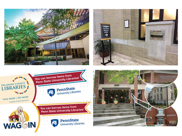 Four photos depict 3 campuses that have reciprocal agreements with their community libraries, as well as promotional materials for those agreements.