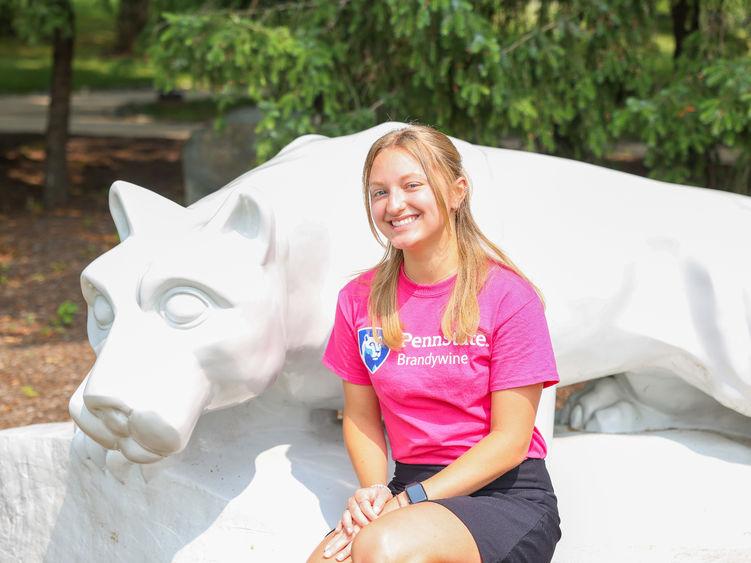lady in pink shirt sitting next to lion shrine