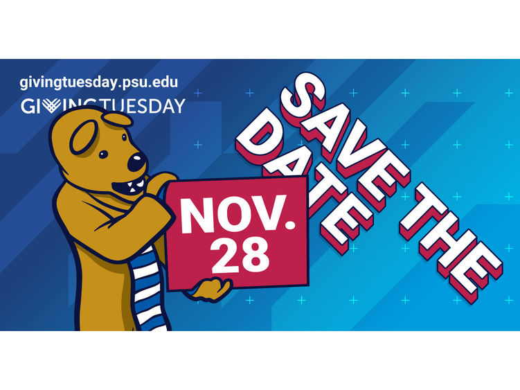 GivingTuesday graphic, "Save the Date" in the background with lion holding card that says "Nov. 28"