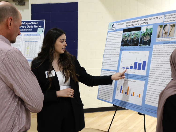 Student presenting work on poster to two people