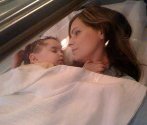 Joanna McGowan with her son, Christopher, in hyperbaric oxygen chamber