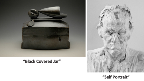 Ceramic Black Covered Jar and Self Portrait